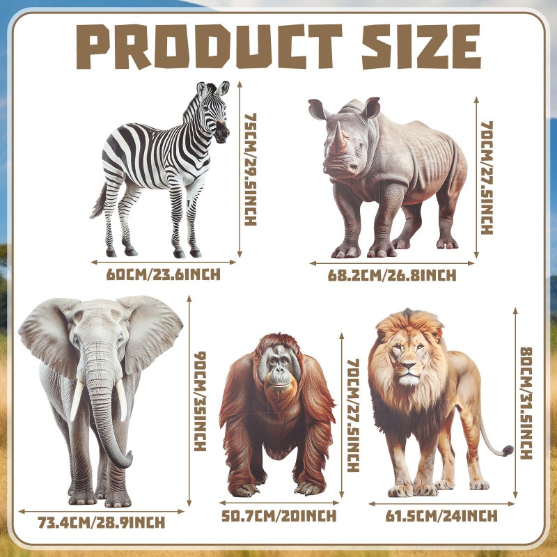 Leinuosen 5 Pcs Large Wildlife Safari Party Stand Decorations Set Africa Jungle Cardboard Cutouts Elephant Lion Zebra Rhino Gorilla Animal Decor Theme Birthday Camping Party Supplies for Photo Prop - Image 2