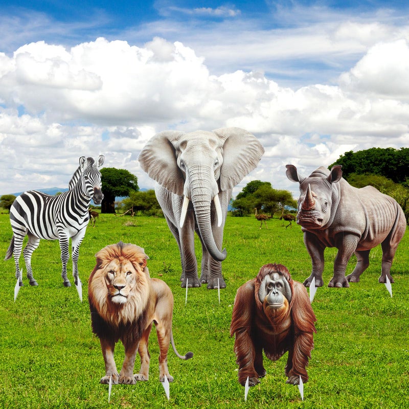 Leinuosen 5 Pcs Large Wildlife Safari Party Stand Decorations Set Africa Jungle Cardboard Cutouts Elephant Lion Zebra Rhino Gorilla Animal Decor Theme Birthday Camping Party Supplies for Photo Prop - Image 5