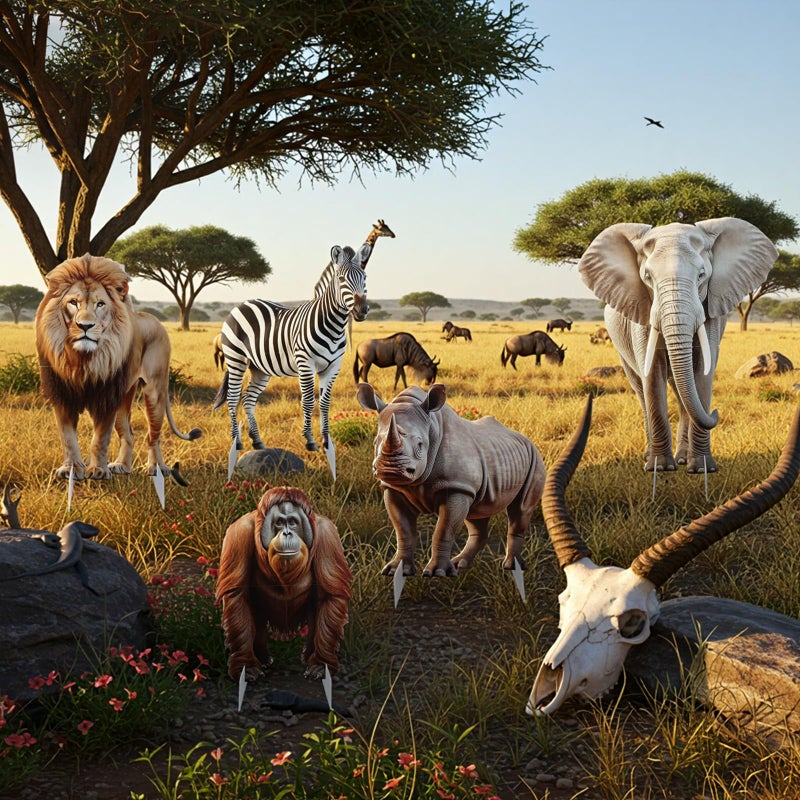 Leinuosen 5 Pcs Large Wildlife Safari Party Stand Decorations Set Africa Jungle Cardboard Cutouts Elephant Lion Zebra Rhino Gorilla Animal Decor Theme Birthday Camping Party Supplies for Photo Prop - Image 1