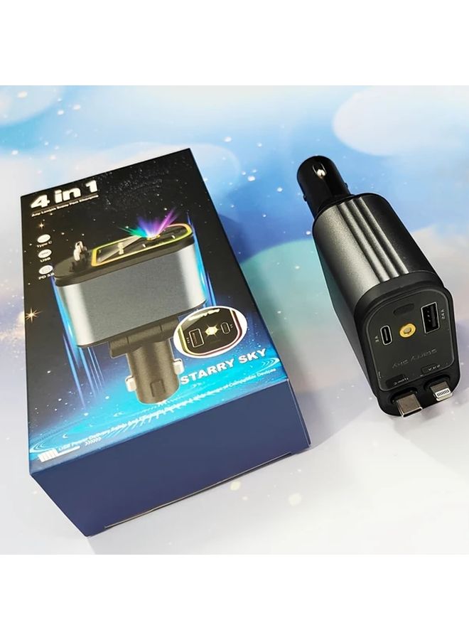 شاحن سيارة رمادي 4 في 1 قابل للسحب، شحن سريع، إضاءة محيطة، منفذا USB، قابل للتعديل 180 درجة - Image 1