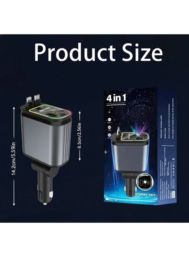 شاحن سيارة رمادي 4 في 1 قابل للسحب، شحن سريع، إضاءة محيطة، منفذا USB، قابل للتعديل 180 درجة - Image 3