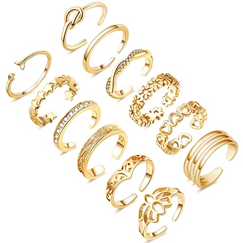 Honsny 12PCS 14K Gold/Silver Plated Toe Rings for Women Adjustable Band Rings Open Flower CZ Toe Ring Set Beach Foot Jewelry - Image 1