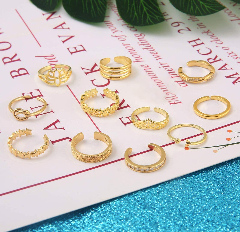 Honsny 12PCS 14K Gold/Silver Plated Toe Rings for Women Adjustable Band Rings Open Flower CZ Toe Ring Set Beach Foot Jewelry - Image 5
