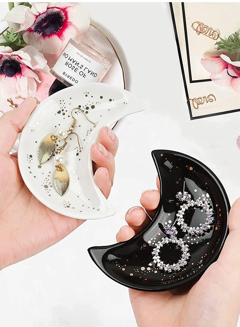 Small Moon Jewelry Dish Tray Decorative Ceramic Trinket Dish Modern Accent Tray for Vanity 2pcs White and Black - Image 2