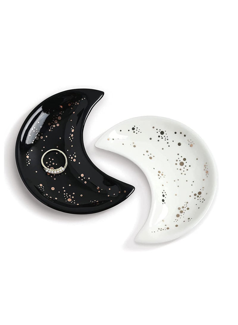 Small Moon Jewelry Dish Tray Decorative Ceramic Trinket Dish Modern Accent Tray for Vanity 2pcs White and Black - Image 1