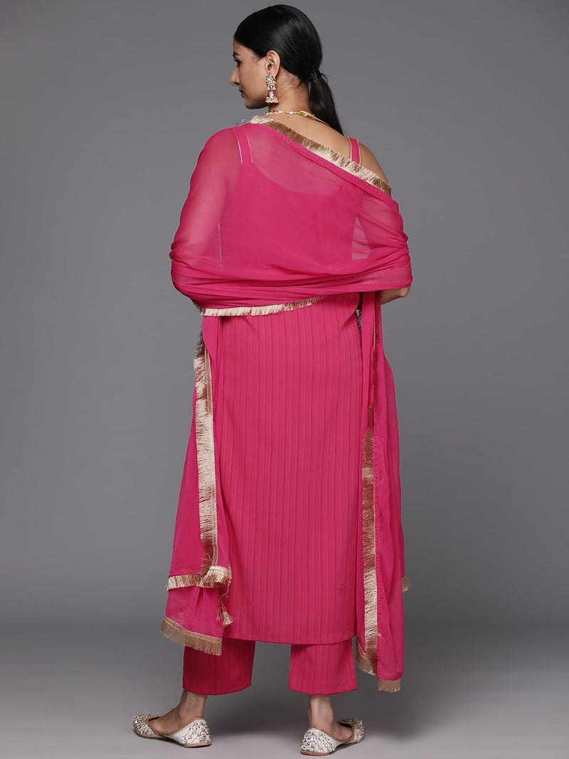 Varanga Women Pink Round Neck, Spaghetti Strap Style Straight Kurta Paired with Tonal Bottom and Dupatta – Stylish & Comfortable Ethnic Wear for Women - Image 4