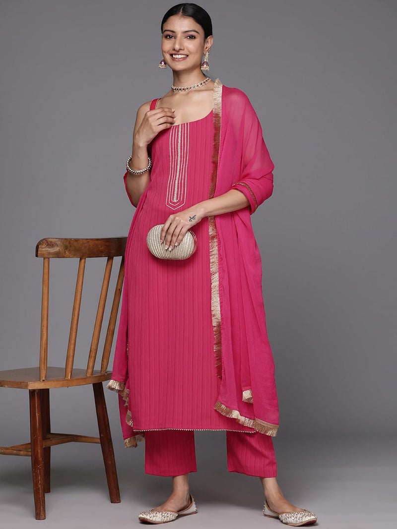 Varanga Women Pink Round Neck, Spaghetti Strap Style Straight Kurta Paired with Tonal Bottom and Dupatta – Stylish & Comfortable Ethnic Wear for Women - Image 5