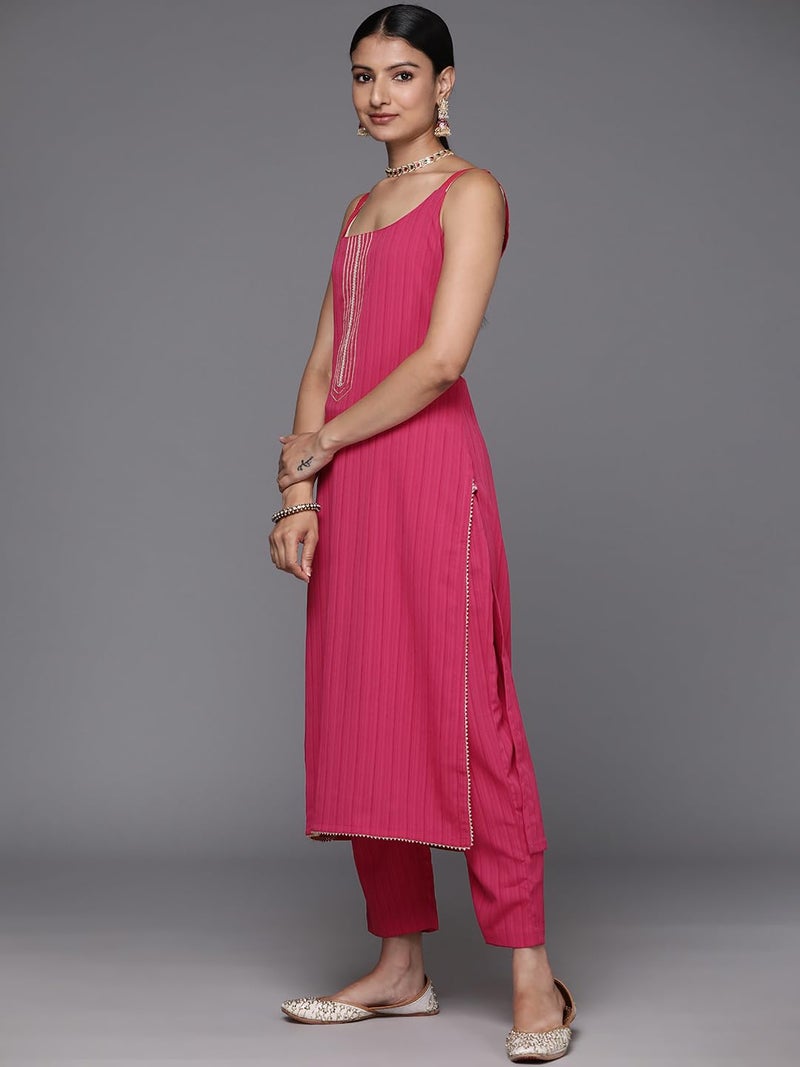 Varanga Women Pink Round Neck, Spaghetti Strap Style Straight Kurta Paired with Tonal Bottom and Dupatta – Stylish & Comfortable Ethnic Wear for Women - Image 3