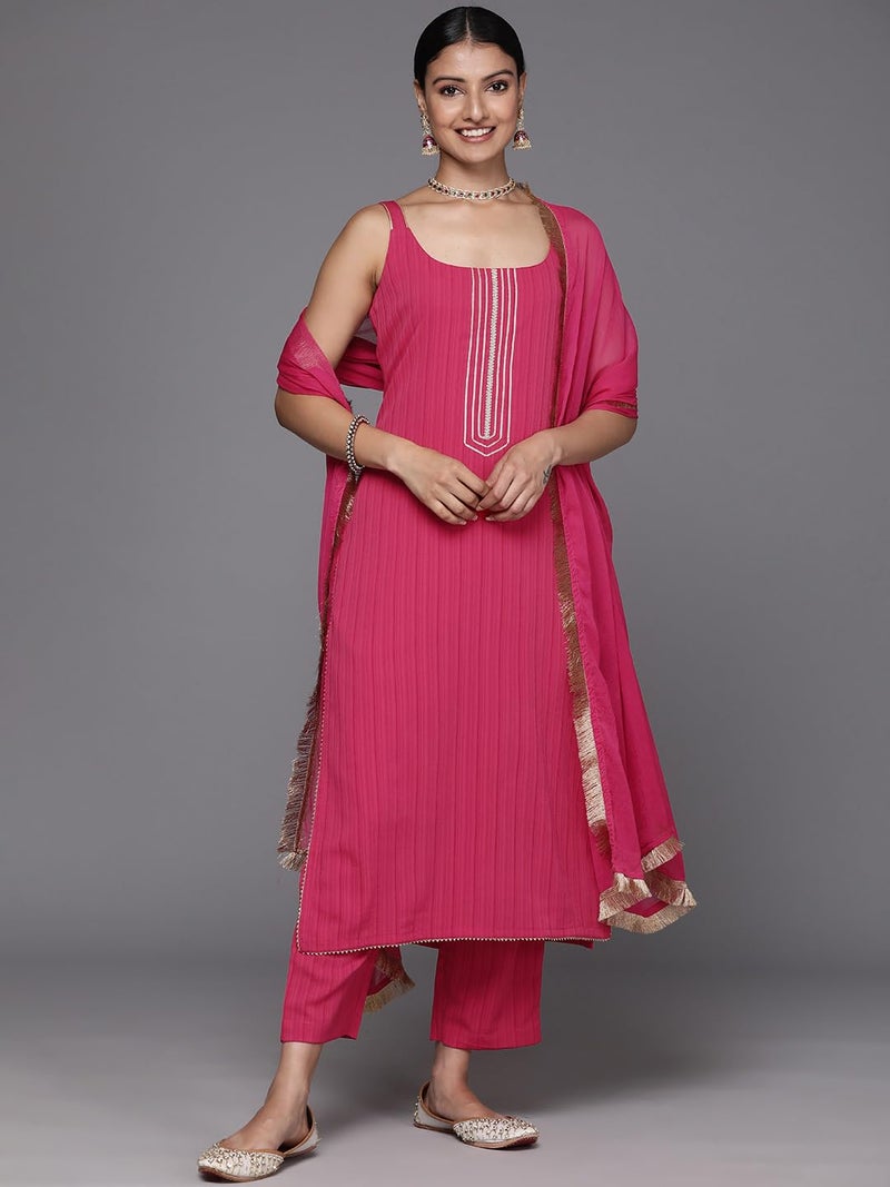Varanga Women Pink Round Neck, Spaghetti Strap Style Straight Kurta Paired with Tonal Bottom and Dupatta – Stylish & Comfortable Ethnic Wear for Women - Image 2