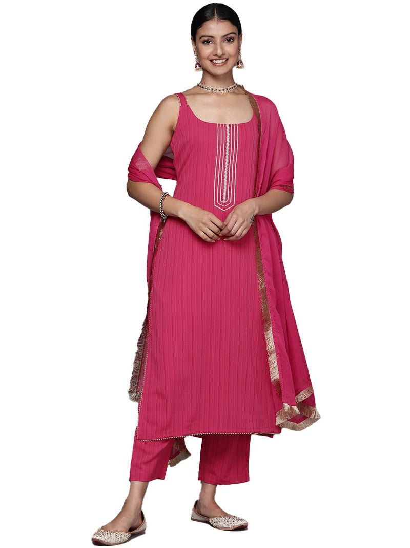 Varanga Women Pink Round Neck, Spaghetti Strap Style Straight Kurta Paired with Tonal Bottom and Dupatta – Stylish & Comfortable Ethnic Wear for Women - Image 1