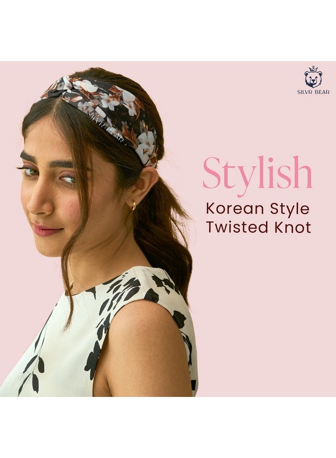 Silvr Bear Luxury Satin Hairband | Pack Of 2 | Aesthetic Turban Hairband Korean Style Twisted Cross Knot Head Band For Women | Fabric Elastic Hair Band For Women (Floral Orchids For Women & Teens) - Image 5