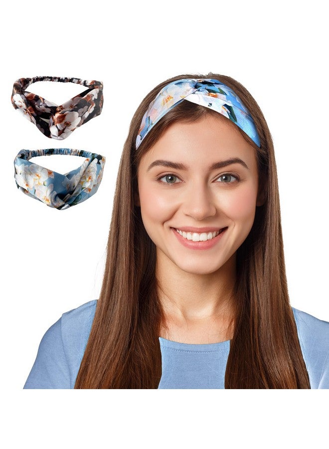 Silvr Bear Luxury Satin Hairband | Pack Of 2 | Aesthetic Turban Hairband Korean Style Twisted Cross Knot Head Band For Women | Fabric Elastic Hair Band For Women (Floral Orchids For Women & Teens) - Image 1