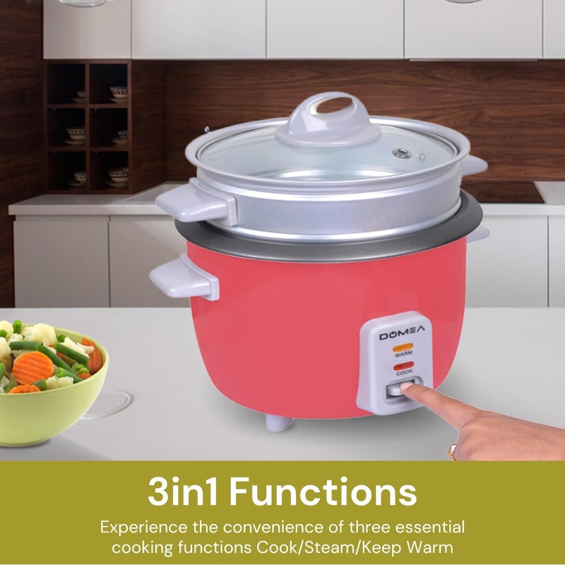 DOMEA 0.6L Electric Rice Cooker Small, Cook, Steam, Warm 3-in-1 Functions, 350W, Tempered Glass Lid, Non-Stick Inner Pot, Extendable Steam Tray for Veg/Fish/Poultry, Ideal for Small Kitchens - Image 3