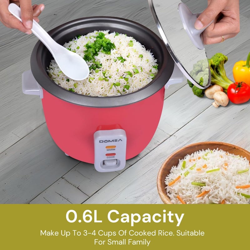 DOMEA 0.6L Electric Rice Cooker Small, Cook, Steam, Warm 3-in-1 Functions, 350W, Tempered Glass Lid, Non-Stick Inner Pot, Extendable Steam Tray for Veg/Fish/Poultry, Ideal for Small Kitchens - Image 2