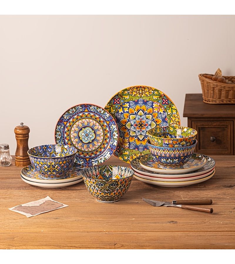 12 Pieces Bohemian Style Ceramic Dinnerware Set 6 Inch Bowls And 8 10 Inch Plates Hand Painted Oven Microwave Safe - Image 2