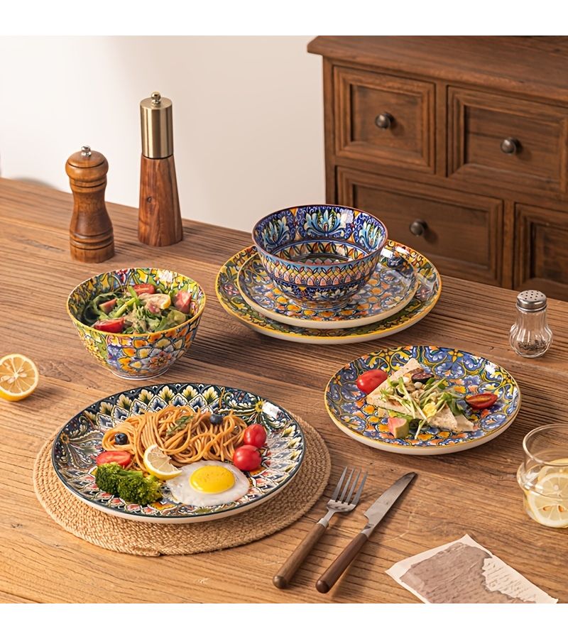 12 Pieces Bohemian Style Ceramic Dinnerware Set 6 Inch Bowls And 8 10 Inch Plates Hand Painted Oven Microwave Safe - Image 5
