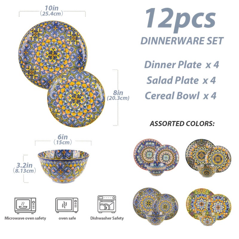 12 Pieces Bohemian Style Ceramic Dinnerware Set 6 Inch Bowls And 8 10 Inch Plates Hand Painted Oven Microwave Safe - Image 3