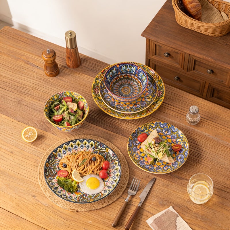 12 Pieces Bohemian Style Ceramic Dinnerware Set 6 Inch Bowls And 8 10 Inch Plates Hand Painted Oven Microwave Safe - Image 4
