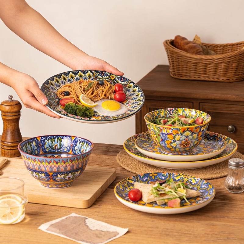 12 Pieces Bohemian Style Ceramic Dinnerware Set 6 Inch Bowls And 8 10 Inch Plates Hand Painted Oven Microwave Safe - Image 1