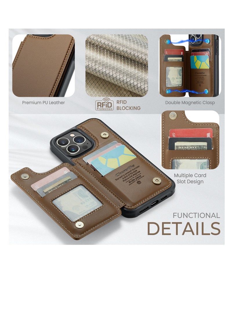 CaseMe - Wallet Case for Apple iPhone 13 Pro Max, Premium Handmade Durable PU Leather Slim Shockproof Case with [Double Magnetic Clasp] [Card Holder] [Kickstand] [RFID Blocking] (Brown) - Image 1