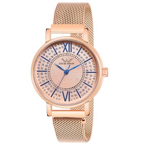 LOUIS DEVIN Rose Gold Plated Mesh Chain Analog Wrist Watch for Women (Rose Gold Dial) |LD-RG194-RG - Image 1