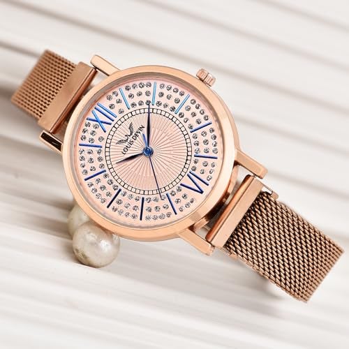 LOUIS DEVIN Rose Gold Plated Mesh Chain Analog Wrist Watch for Women (Rose Gold Dial) |LD-RG194-RG - Image 3