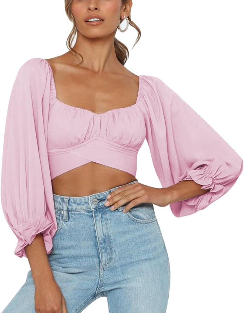 klarako Women Off Shoulder Crop Top Long Puff Sleeve Ruched Frill Wrap Blouse Low Cut Tie Up Back Strapless Summer Shirt Tank Top - Image 1