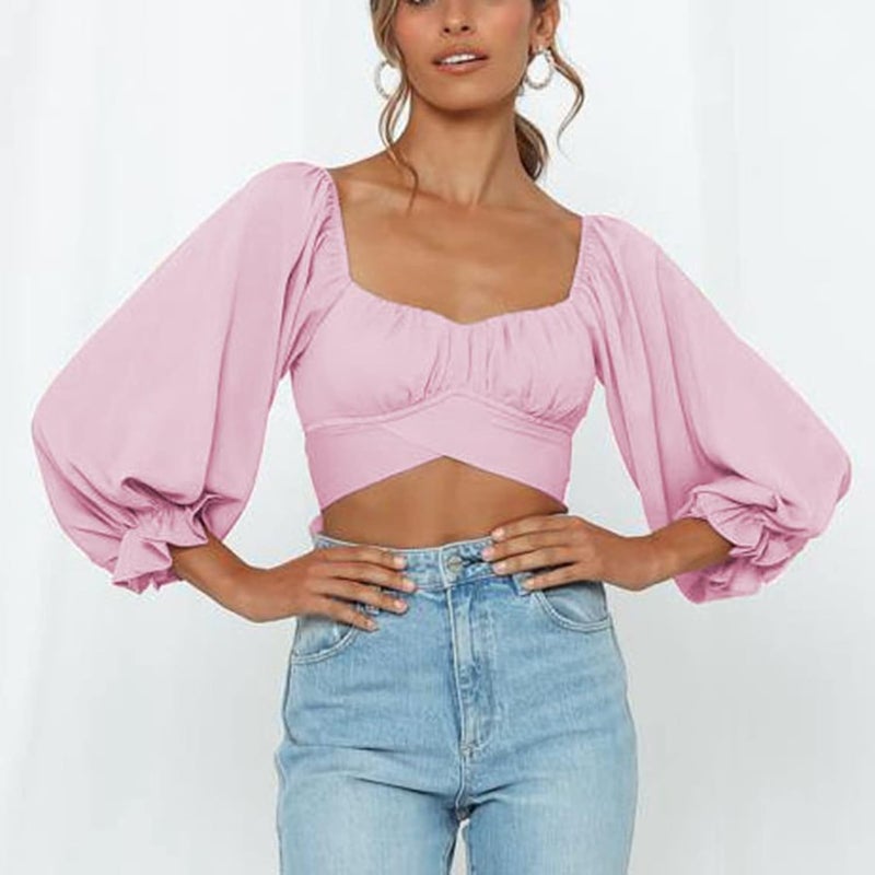 klarako Women Off Shoulder Crop Top Long Puff Sleeve Ruched Frill Wrap Blouse Low Cut Tie Up Back Strapless Summer Shirt Tank Top - Image 2