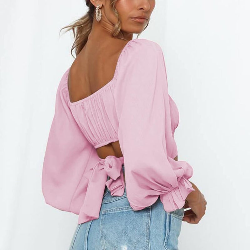 klarako Women Off Shoulder Crop Top Long Puff Sleeve Ruched Frill Wrap Blouse Low Cut Tie Up Back Strapless Summer Shirt Tank Top - Image 3