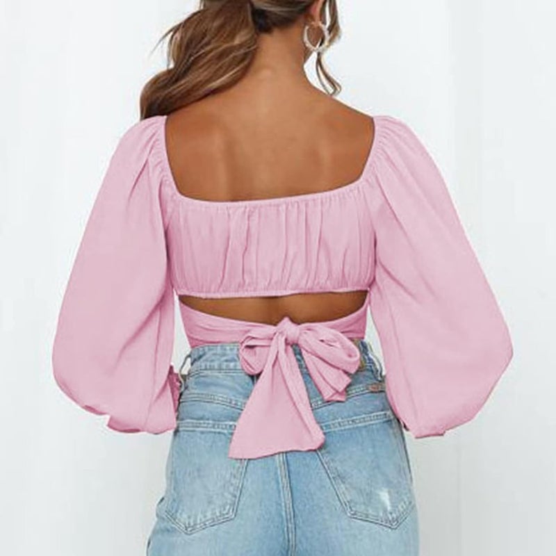 klarako Women Off Shoulder Crop Top Long Puff Sleeve Ruched Frill Wrap Blouse Low Cut Tie Up Back Strapless Summer Shirt Tank Top - Image 4