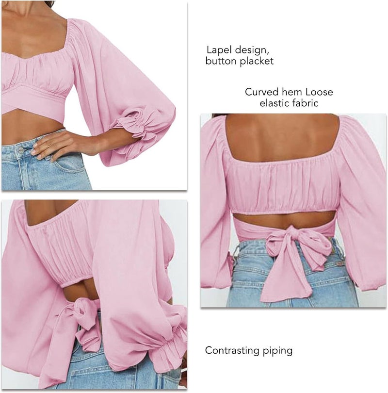 klarako Women Off Shoulder Crop Top Long Puff Sleeve Ruched Frill Wrap Blouse Low Cut Tie Up Back Strapless Summer Shirt Tank Top - Image 5