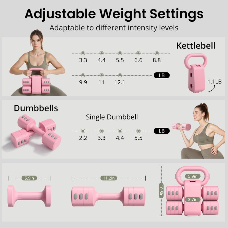 RYGEO 2-in-1 Adjustable Dumbbell Set for Women - 4 Levels (2.2lbs to 12.1lbs) - Home Gym Weights for Women at Home - Fitness Dumbbells - Image 4