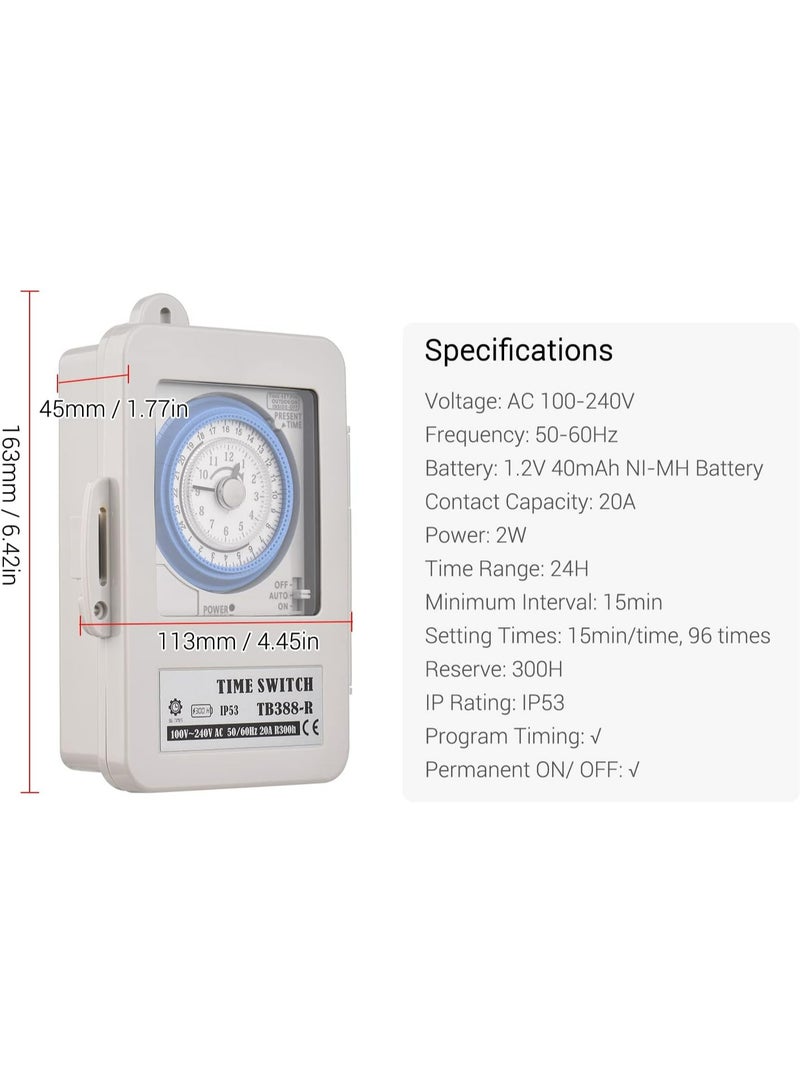 TLAXCA Timer Switch, Mechanical 24 Hours Timer Switch IP53 Rating Programmable Electrical Timer Switch Box AC 100-240V 15 Minutes Interval 96 Times ON/OFF with Mounting Hole Dustproof Waterproof Cover - Image 3