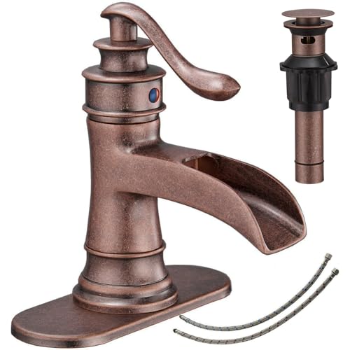 BATHFINESSE Bathroom Sink Faucet Waterfall Bath Faucets & Parts with Pop Up Drain Stopper Copper Farmhouse Antique Vanity Single Handle Single Hole Commercial Rustic Supply Lines Hose by Bathfinesse - Image 1