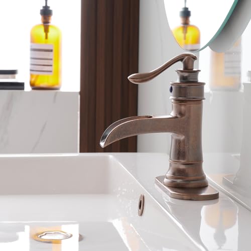 BATHFINESSE Bathroom Sink Faucet Waterfall Bath Faucets & Parts with Pop Up Drain Stopper Copper Farmhouse Antique Vanity Single Handle Single Hole Commercial Rustic Supply Lines Hose by Bathfinesse - Image 4