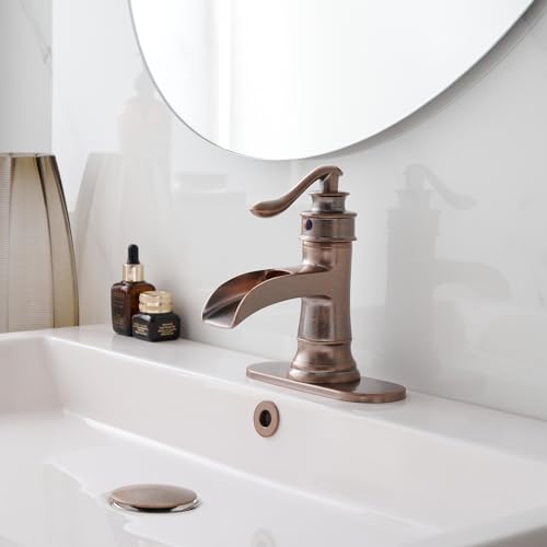 BATHFINESSE Bathroom Sink Faucet Waterfall Bath Faucets & Parts with Pop Up Drain Stopper Copper Farmhouse Antique Vanity Single Handle Single Hole Commercial Rustic Supply Lines Hose by Bathfinesse - Image 3