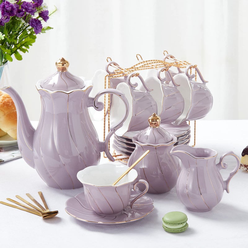 DUJUST 22 pcs Porcelain Tea Set for 6 Luxury British Style TeaCoffee Cup Set with Golden Trim Beautiful Tea Set for Women Tea Party Set Gift Package With a Stand  Purple
