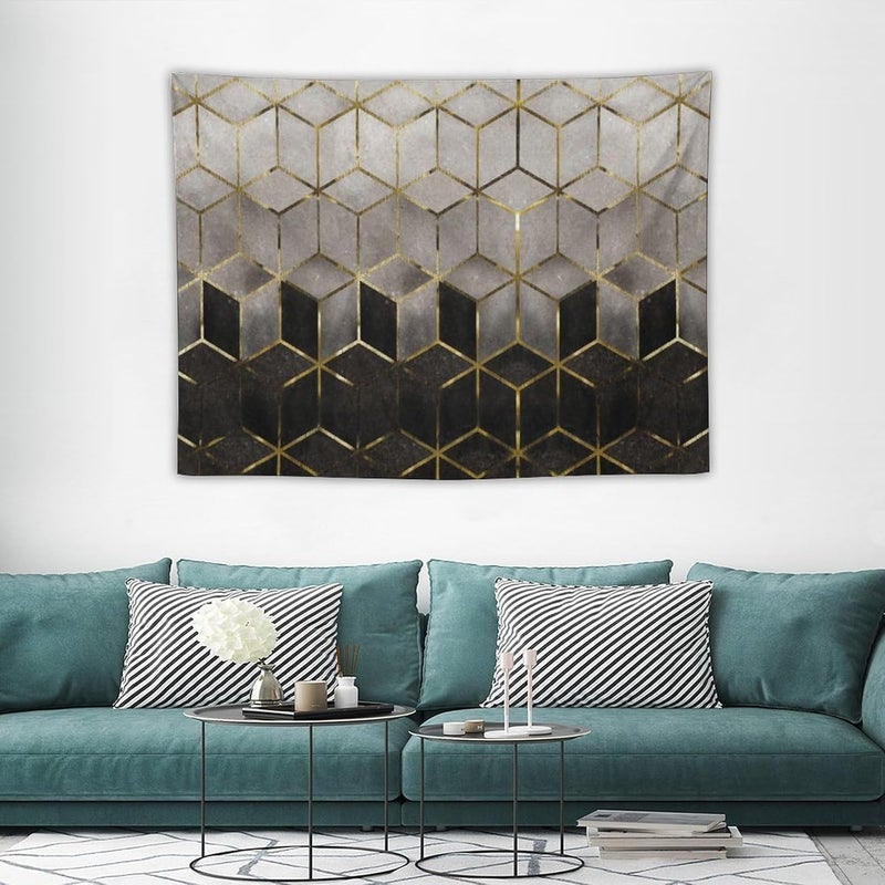 Houselerax Geometric Marble Tapestry - Black Gold Abstract Hexagon Pattern Wall Hanging, 40"x30" - Image 2