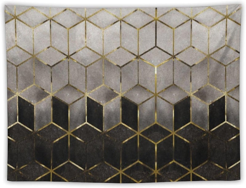 Houselerax Geometric Marble Tapestry - Black Gold Abstract Hexagon Pattern Wall Hanging, 40"x30" - Image 1