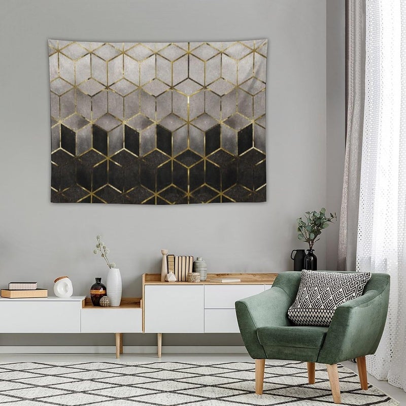 Houselerax Geometric Marble Tapestry - Black Gold Abstract Hexagon Pattern Wall Hanging, 40"x30" - Image 3