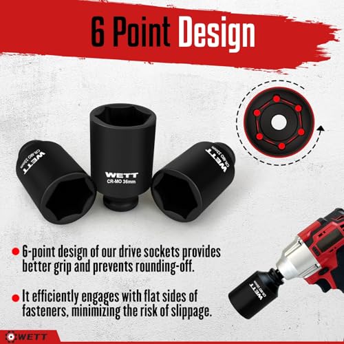 WETT 1/2" Drive Deep Large Impact Socket Set, 9-Piece Spindle Axle Nut Metric 6 Point Sockets Set, CR-MO, 29mm-38mm - Image 5