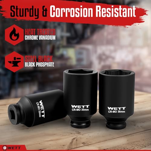 WETT 1/2" Drive Deep Large Impact Socket Set, 9-Piece Spindle Axle Nut Metric 6 Point Sockets Set, CR-MO, 29mm-38mm - Image 3