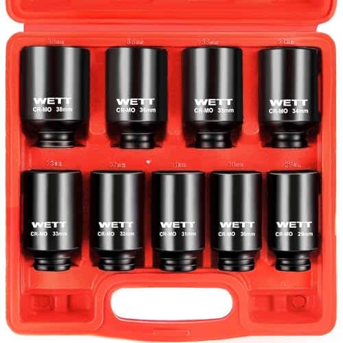 WETT 1/2" Drive Deep Large Impact Socket Set, 9-Piece Spindle Axle Nut Metric 6 Point Sockets Set, CR-MO, 29mm-38mm - Image 1