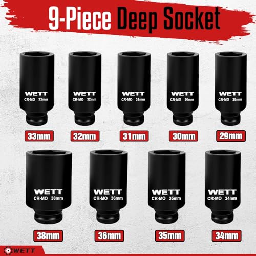 WETT 1/2" Drive Deep Large Impact Socket Set, 9-Piece Spindle Axle Nut Metric 6 Point Sockets Set, CR-MO, 29mm-38mm - Image 2