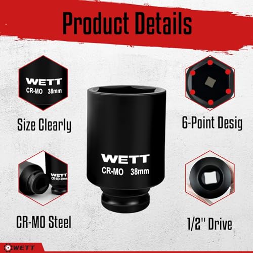 WETT 1/2" Drive Deep Large Impact Socket Set, 9-Piece Spindle Axle Nut Metric 6 Point Sockets Set, CR-MO, 29mm-38mm - Image 4