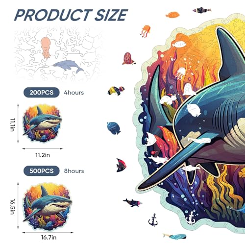 Qiuenisray Wooden Puzzles for Adults Shark Ocean Jigsaw Puzzles 200 Pieces Funny Wall Decor Wood Puzzle FSC Certified Unique Shape Adult Puzzles Pieces Creative Gift for Family Game 111x112 in - Image 5