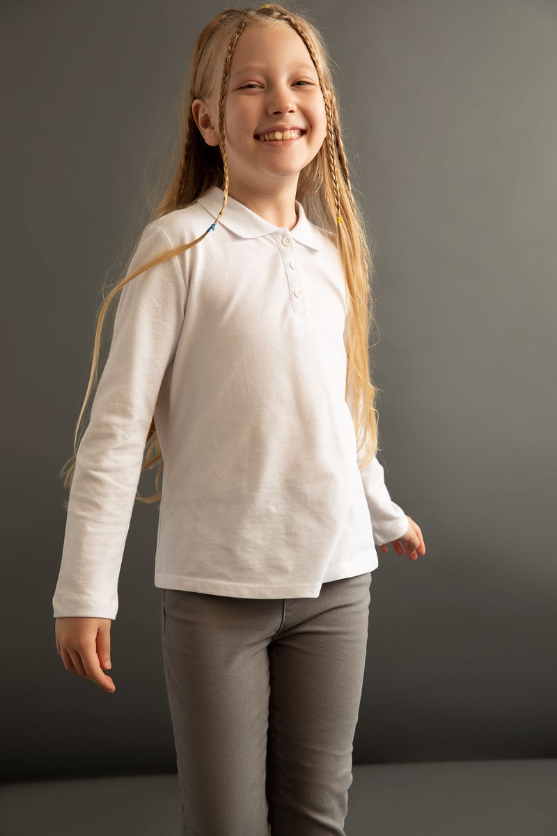 DeFacto Girl White Pique Long Sleeve Polo School T-Shirt - Image 1