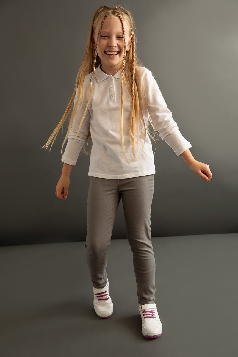 DeFacto Girl White Pique Long Sleeve Polo School T-Shirt - Image 3