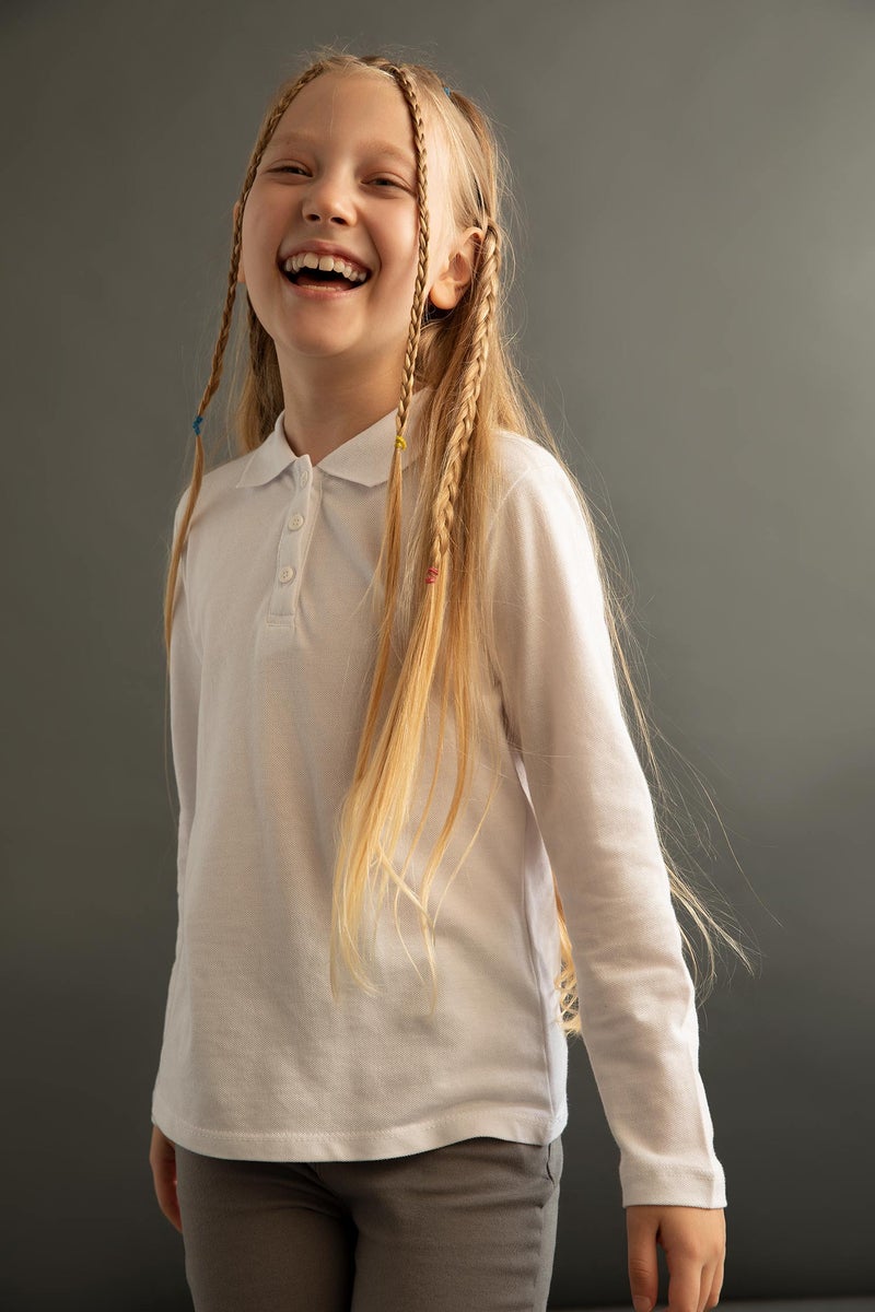 DeFacto Girl White Pique Long Sleeve Polo School T-Shirt - Image 5