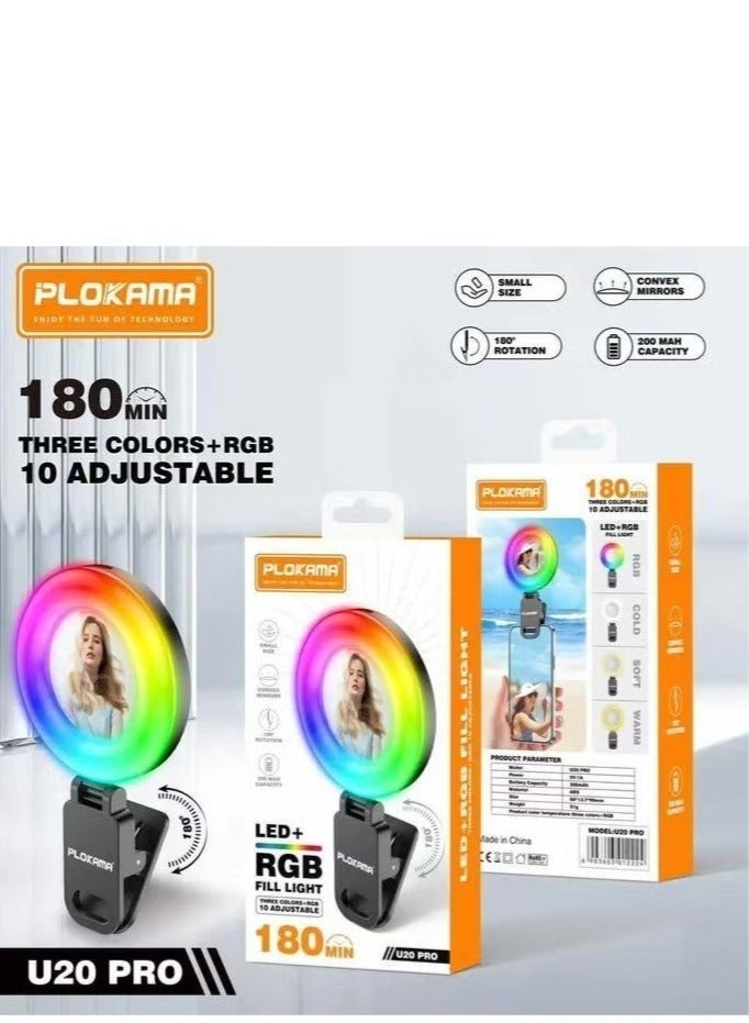 PLOKAMA U20 PRO Ring Selfie Mirror Mini RGB Clip LED Fill Light with Tripod Clamp – Adjustable Brightness Portable Video Light for Mobile Phones & Cameras, Makeup, and Vlogging (Black) - Image 1